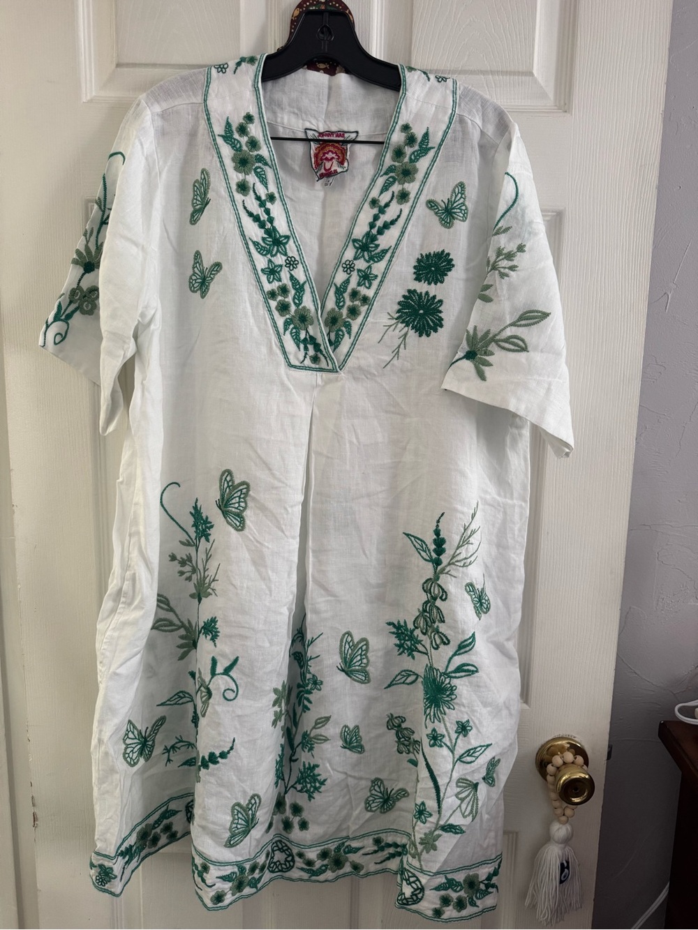 Johnny Was White Midi Dress with Green Embroidered Botanicals